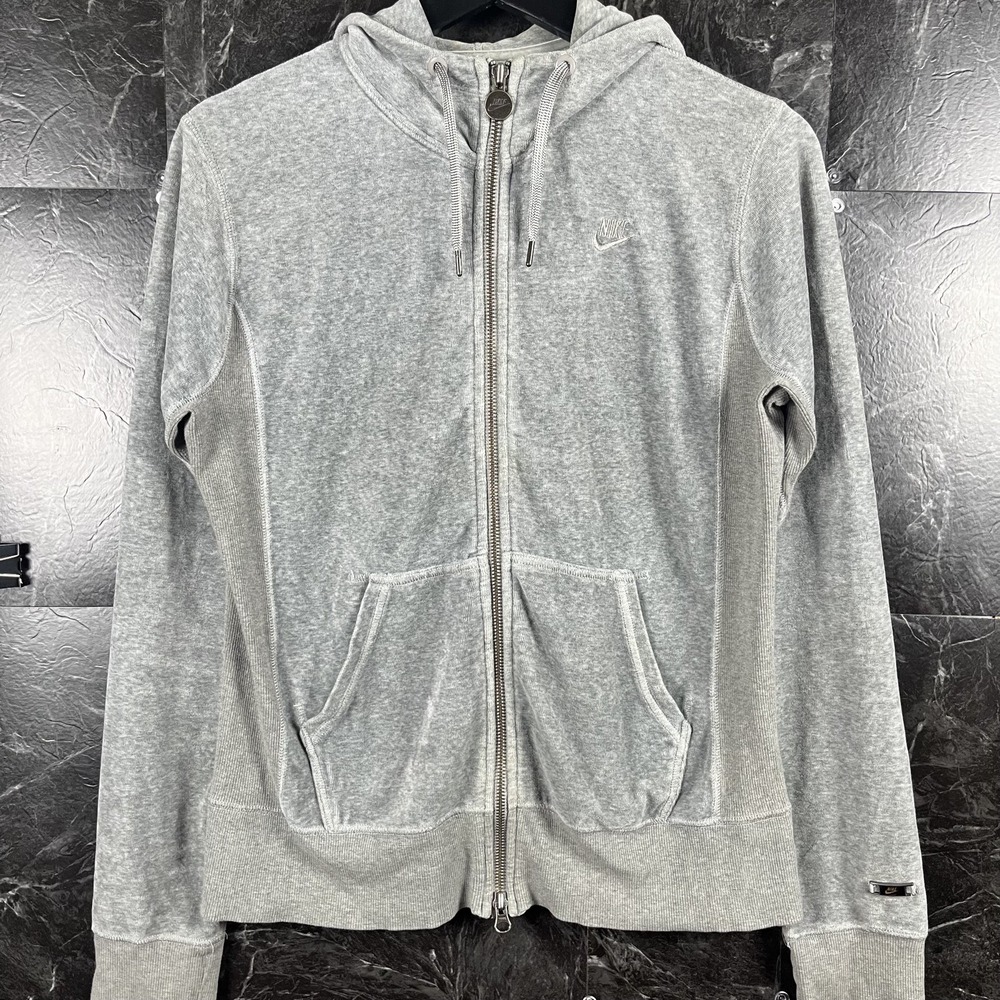 Nike Women's Grey Vtg Silver Fleece Zip Hoodie Medium -Flaws